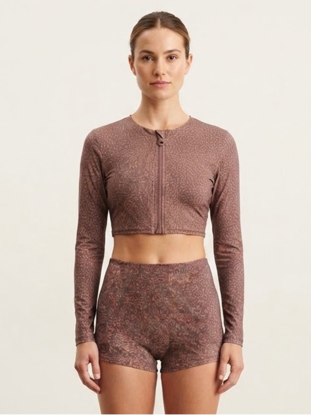 Stone Fox Swim Sz XS Leopard Print Brown Short & Crop Top Surfing Swimsuit Set